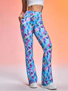 Easithlete Women's Dopamine Gradient Digital Print Yoga Pants With Phone Pocket Printed Yoga Pants Colorful Leggings Women Print Workout Leggings Printed Flare Leggings Yoga Pants With Pockets - Multicolor - View 6