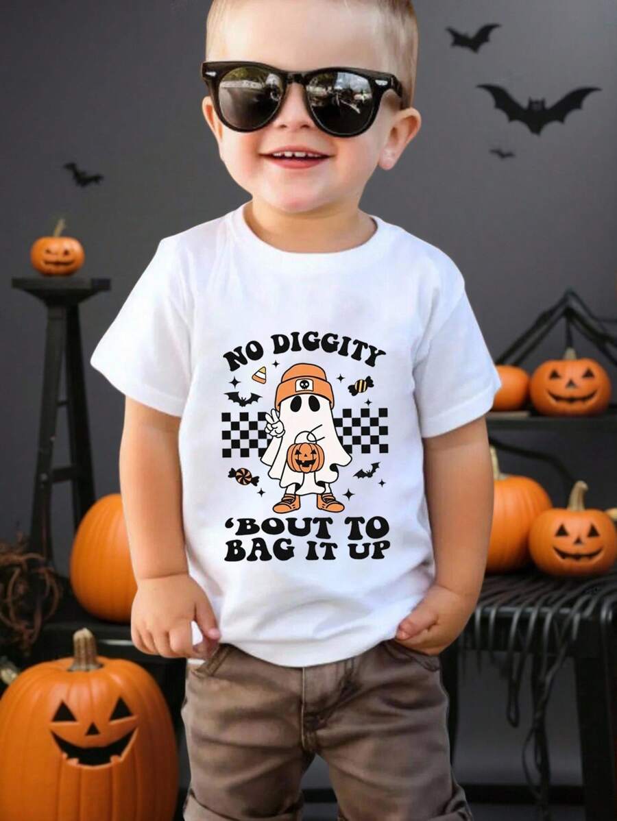 SHEIN Baby Boys' Casual Cute Cartoon Ghost & Pumpkin Print Halloween Short Sleeve Round Neck T-Shirt, Halloween Outfit Spooky Halloween Shirt Pumpkin Shirt Boy's Tee - White - View 1