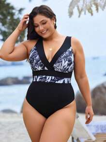 Swim Lushoire Plus Size Printed Color Block One-Piece Swimsuit For Summer Beach Vacation - Black and White - View 2