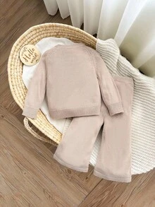 SHEIN 女婴圆领插肩袖针织毛衣，带心形刺绣 - 卡其色 - 查看 2