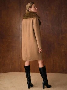 MOTF PREMIUM WOMEN'S WOOL BLEND OVERCOAT WITH FUR COLLAR, AUTUMN/WINTER - Camel - View 3