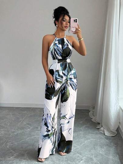 Rafferiza Women's Elegant Floral Print Halter Jumpsuit