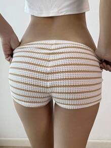 Sunnyshic Khaki & White Striped Ark Texture Fabric Low Waist Skinny Ultra-Short Shorts, Suitable For Vacation, Beach, Casual, Daily Wear, Streetwear, Versatile, Spring/Summer, For Women