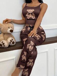 SHEIN Cute Cartoon Bear Print Sleeveless Pajama Set With Crop Top And Lettuce Trim - Multicolor - View 4