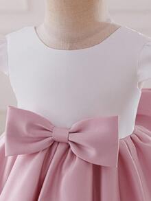 Glamorique Kids Baby Girls' White & Pink Satin Tulle Puff Skirt Dress, Beaded Back Bow Flower Girl Wedding Party Celebration Pageant Outfit, Infant Short Sleeve Dress Fall Winter