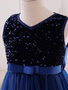Glamorique Kids Đầm bé gái thanh lịch và dễ thương với màu xanh ẩn bên trong, không tay, đính sequin, chất liệu voan mỏng, dáng phồng, thích hợp cho các bữa tiệc Giáng sinh và những dịp trang trọng. - Màu xanh hải quân - Xem 4