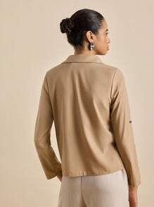 Airaco 1 件女式休闲纯色长袖衬衫（带袖口）、长袖上衣 - 卡其色 - 查看 4