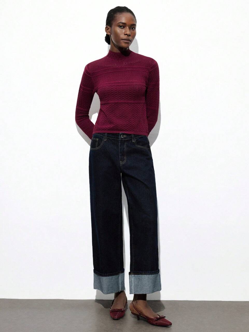 SHEIN Maija Women's Elegant Stand Collar Long Sleeve Hollow Design Fitted Burgundy Sweater,Autumn Office Chic Wine Red Maroon Turtle Neck Top Christmas Jumper