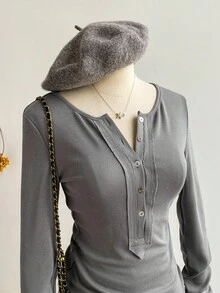 SHEIN Unity Áo thun cổ tròn tay dài màu trơn phong cách Y2K dành cho nữ, mùa thu - Xám - Xem 4