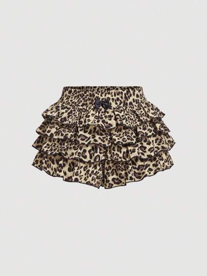 SHEIN MOD Women Y2K Sexy Bow Decor Multilayer Leopard Print Cake Shorts Vacation Beige Summer