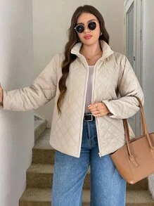 SHEIN LUNE 大码女式纯色长袖拉链休闲冬季外套，飞行夹克，长袖保暖升级外套女士冬装女士冬装万圣节服装，万圣节外套工作服女士通勤简约办公室老款外套，适合日常穿着，通勤，极简主义，优雅时尚的通勤，休闲休闲风格，纯色，女士秋季服装秋季 - 杏色 - 查看 4