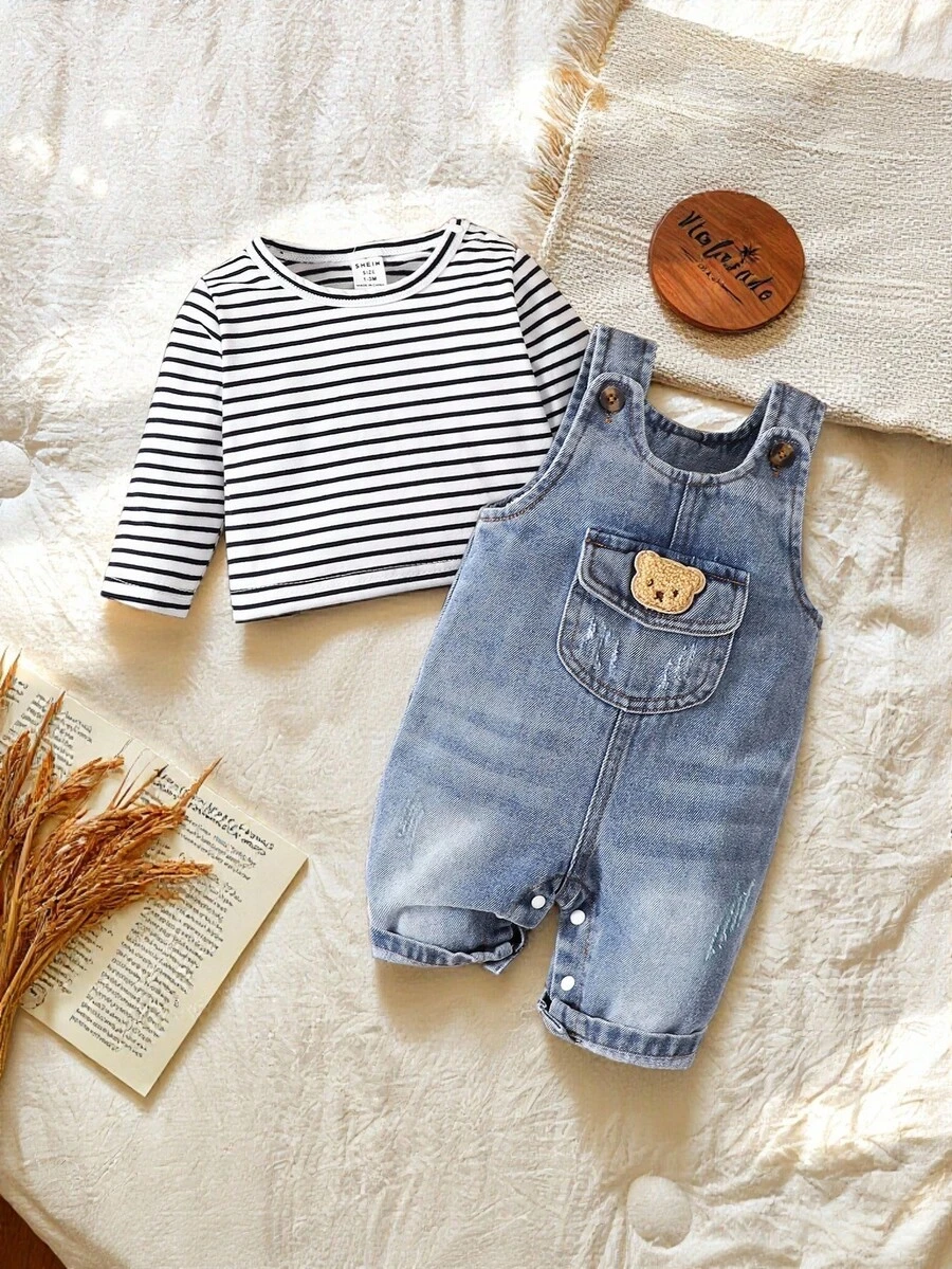 SHEIN Vintaside Kids 嬰兒男童條紋印花長袖上衣和牛仔鬆緊褲套裝