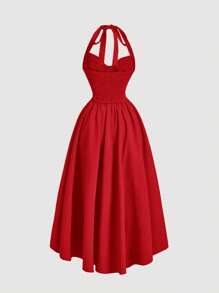 SHEIN MOD 女式露背褶饰蝴蝶结摆裙，酒红色派对女装，跨年晚会服装，化妆舞会礼服，生日女装，性感酒红色连衣裙，蝴蝶结连衣裙，新年公主女装 - 酒紅色 - 查看 2