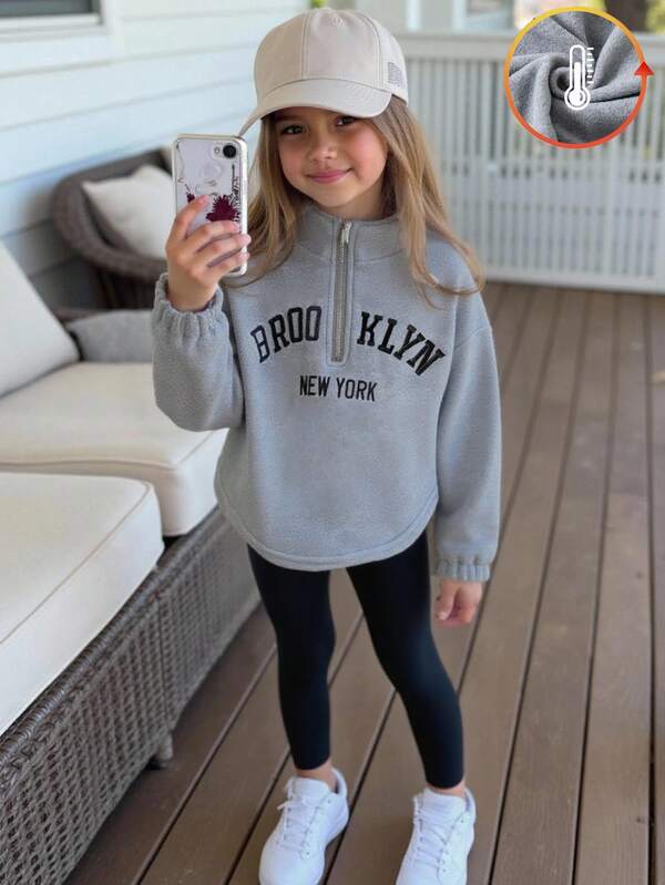 SHEIN 2pcs Girls Toddler Fleece Letter Embroidery Turtleneck Pullover & Brushed Leggings Set, Autumn/Winter