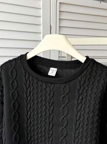 SHEIN Tween Girls' Casual Sports Versatile All-Match Knit Cable Textured Crew Neck Cropped Loose Pullover Sweatshirt,In Fall/Winter - Black - View 5