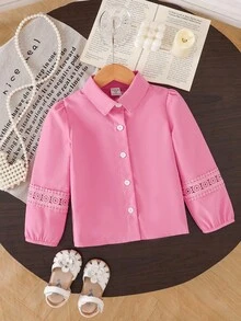 Cămașă casual cu mâneci bufante și nasturi în față, din dantelă, model patchwork, culoare solidă pentru fete tinere