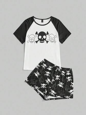 Gothic Totenkopf Muster Raglan Ärmel Shorts Pyjama Set, Halloween