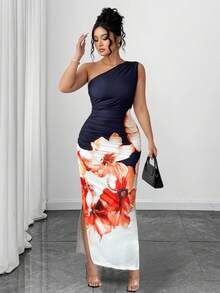 Elenzga 加大码无袖修身长款针织斜肩印花连衣裙 生日女士 生日女士休闲连衣裙 女士夏季服装 女装 大印花大碎花长裙 及臀长裙 优雅长裙 秋季女装 - 藏蓝色 - 查看 3