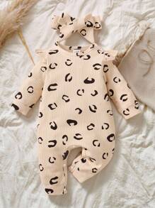 SHEIN Vintaside Kids Baby Girl Allover Print Ruffle Trim Jumpsuit & Headband
