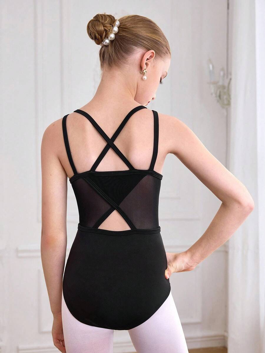 SHEIN Bộ đồ liền thân thể thao cho bé gái tuổi mới lớn, Bộ đồ liền thân múa ba lê màu đen ôm vừa vặn với thiết kế khoét lưng thanh lịch (Đan + lưới co giãn), Bộ đồ liền thân thể dục thoải mái, Phù hợp với mọi mùa, Quần áo trở lại trường - màu đen - Xem 1