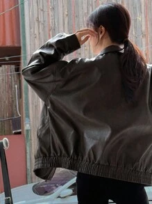 DAZY 女士复古 PU 皮夹克，街头休闲飞行员夹克 - 棕色 - 查看 4