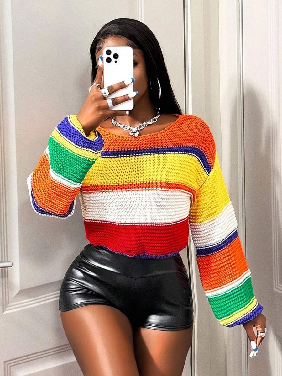 BamGleam 女士彩色条纹圆领短款休闲宽松性感针织毛衣