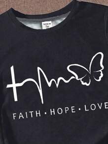 Girls' Butterfly & Letter Print Short Sleeve T-Shirt, Black Fabric With White Text, Comfortable Casual, Suitable For Daily Wear, Sports, Campus, Streetwear