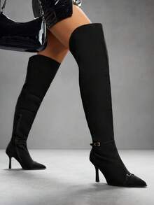 CUCCOO SZL Giày bốt cao đến đầu gối mũi nhọn bằng da lộn giả mềm mại có khóa kéo bên hông dành cho nữ - màu đen - Xem 3