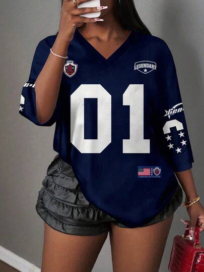 Slaydiva Casual Minimalist 01 Graphic V-Neck Plus Size T-Shirt, Suitable For Summer Suitable For Going Out