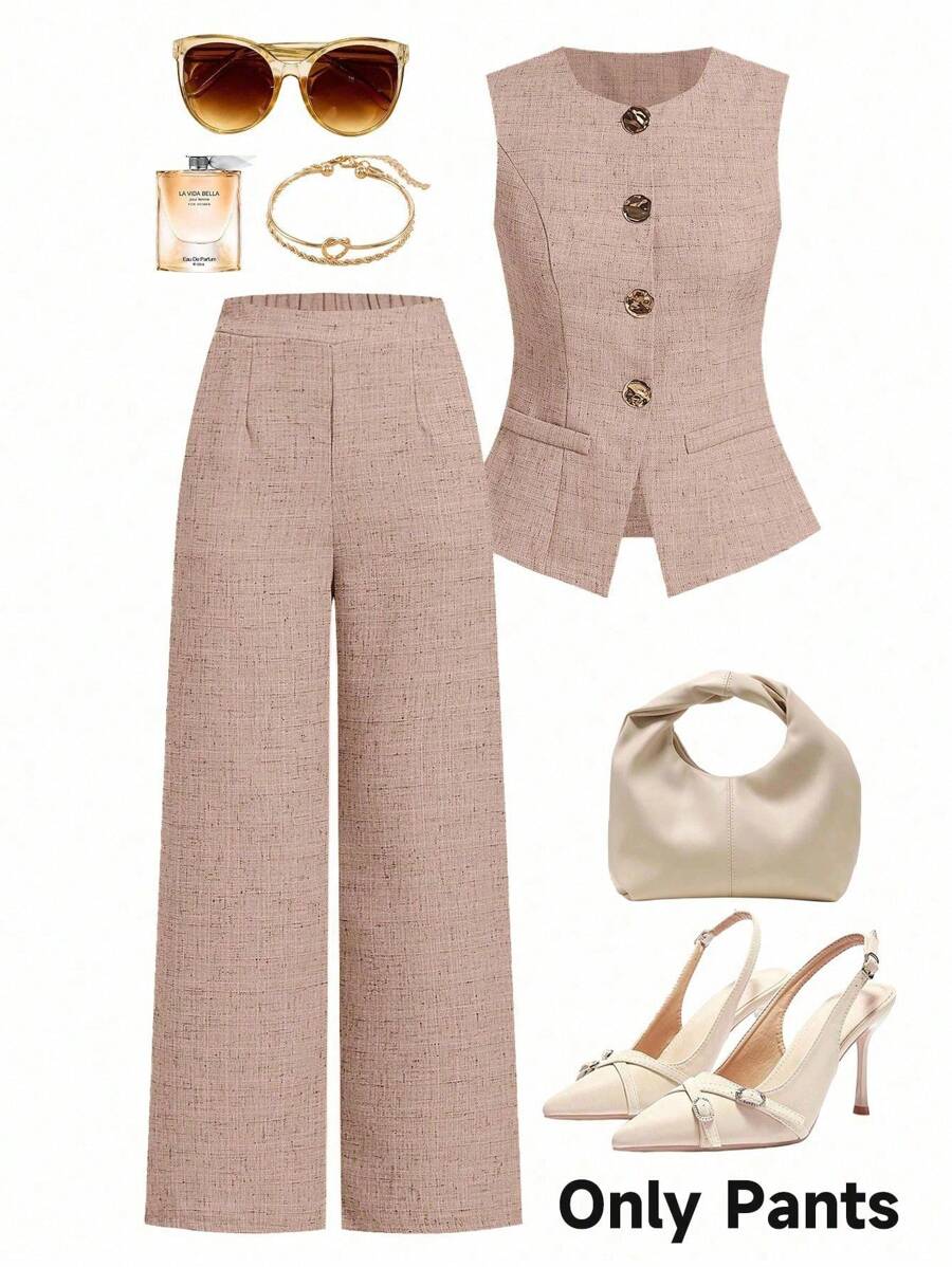 Ellevyn 夏季优雅通勤法式亚麻高端裤装 - 粉色 - 查看 1