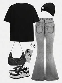 SHEIN Leap Crew 2pcs/Set Teen Girl Casual Loose Heart & Face Graffiti Print Round Neck Short Sleeve T-Shirt And Flare Pants Outfit, Suitable For Summer, Autumn, Suitable For Home, Outing, Street Photography, Campus - Multicolor - View 2