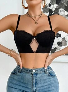SHEIN 1pc Women's Soft & Comfortable Romantic Lace & Mesh Patchwork Underwire Padded Bra Lace Bralette Bralette Top Cute Bra - Black - View 5