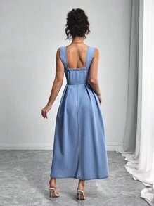 Elenzga 女式夏季时尚休闲通勤方领收腰喇叭下摆牛仔连衣裙 - 藍色 - 查看 2