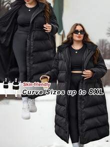 SHEIN CURVE+ 女式加大码连帽长款夹棉外套（配腰带），秋冬 - 黑色 - 查看 8