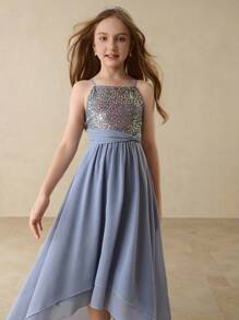 Girls' Chiffon Sequin Princess Dress, Suitable For Halloween, Graduation, Music Performance, Recital, Stage Show - Blue - View 7