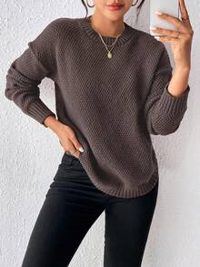 EMERY ROSE Casual Versatile Solid Color Crew Neck Sweater Fall Winter Cloth For Women - Brown - View 6