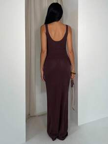 Glamine Elegant Winter Chocolate Brown Metal Accessories Fake Belt Design Sexy Charm Ladies Autumn And Winter Retro Fashion Christmas Party Dress Brown Bodycon Dress Long Brown Dress Brown Knit Dress Brown Midi Dress Brown Tank Dress - Chocolate Brown - View 7