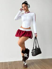 Dewbera 女式休闲运动撞色条纹拉链夹克 - 白色 - 查看 1