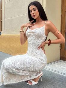 Firerie Women's Casual Elegant Jacquard Slit Slip Dress - Apricot - View 7