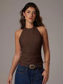 SHEIN Forever 21 情人节休闲复古节日服装、乡村音乐会服装、返校日茶会服装、基本款音乐会服装、女士婚礼正式服装、西式鸡尾酒会俱乐部服装、优雅度假办公室服装、机场服装无袖纹理、白色领口上衣、西式女装、白色女式上衣、平价服装、白色女式服装 - 棕色 - 查看 3