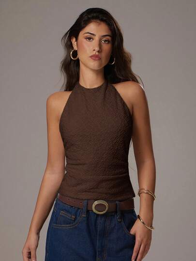 SHEIN Forever 21 情人节休闲复古节、乡村音乐会、返校日茶话会、基础款音乐会、女士婚礼正装、西部鸡尾酒会俱乐部、优雅度假办公室、机场无袖纹理、白色领口上衣、西部风格女装、白色女式上衣、便宜白色女式棕色露背上衣外出