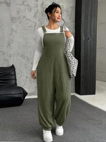 SHEIN EZwear 军绿色加大码弹力羊毛罗纹背带裤，秋冬