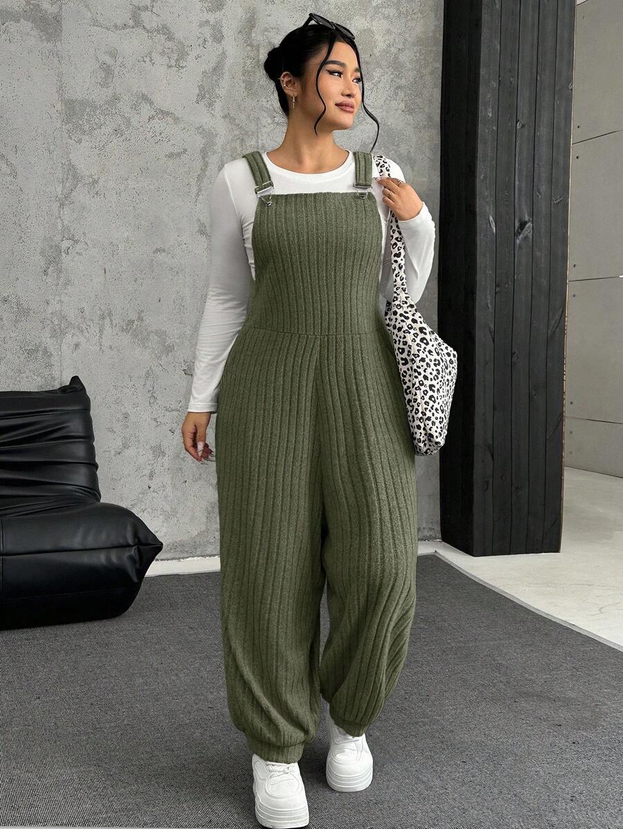 SHEIN EZwear 军绿色加大码弹力羊毛罗纹背带裤，秋冬