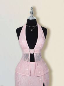 SHEIN ICON 女式蝴蝶结刺绣亮片两件套，心形水钻纽扣短款上衣和紧身裙，性感又 - 粉色 - 查看 8