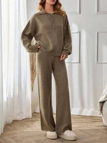 SHEIN Tall Pulover cu mânecă lungă și pantaloni evazați pentru femei înalte, culoare solidă, casual, pentru toamnă și iarnă