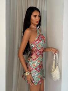 Glamine Women's Sexy Halter Neck Sequin Geometric Print Summer Bodycon Dress Sequin Mini Dress Multicolor Sequin Dress Bodycon Mini Dress Halter Neck Dress Party Dress Wedding Guest Dress Women Halter Neck Mini Dress Halter Mini Dress