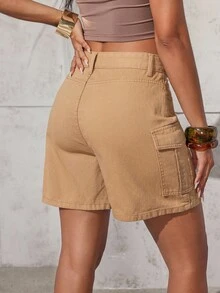 SHEIN ICON 女式纯色休闲牛仔短裤 - 卡其色 - 查看 2