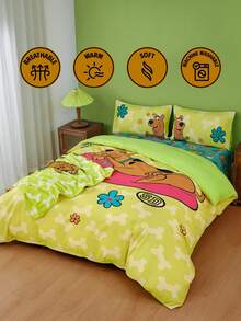 SCOOBY-DOO X SHEIN 3pc Soft & Cozy Cartoon Dog & Floral Print Duvet Cover Set,Suitable For Single Bed/Double Bed/Queen Bed/King Bed, Dormitory/Home - Green - View 11
