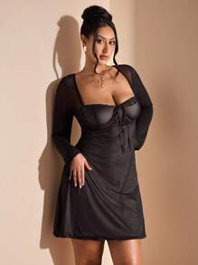 SHEIN BAE 外出度假女士纯色甜心领长袖休闲迷你连衣裙黑色植绒连衣裙夏季