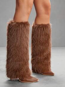 CUCCOO SZL 女士尖头高筒细高跟棕色毛茸茸腿靴，过膝长靴，时尚迷人性感火辣女士骑士靴，高筒靴 - 棕色 - 查看 3